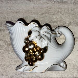 Porcelain Cornucopia￼ Ribbed Gold Leaf Grapes/Vine Applied Vase / Planter
